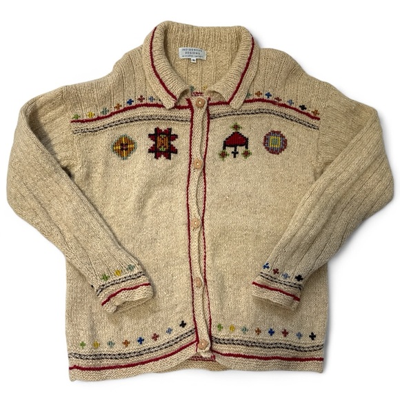 Indigenous Jackets & Blazers - VTG Indigenous Beige Knit Sweater with Red and Colorful Details Women’s Medium